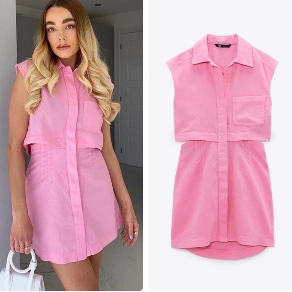 Linen Zara Pink Two Piece Dress Mini Short - Picture 2 of 9